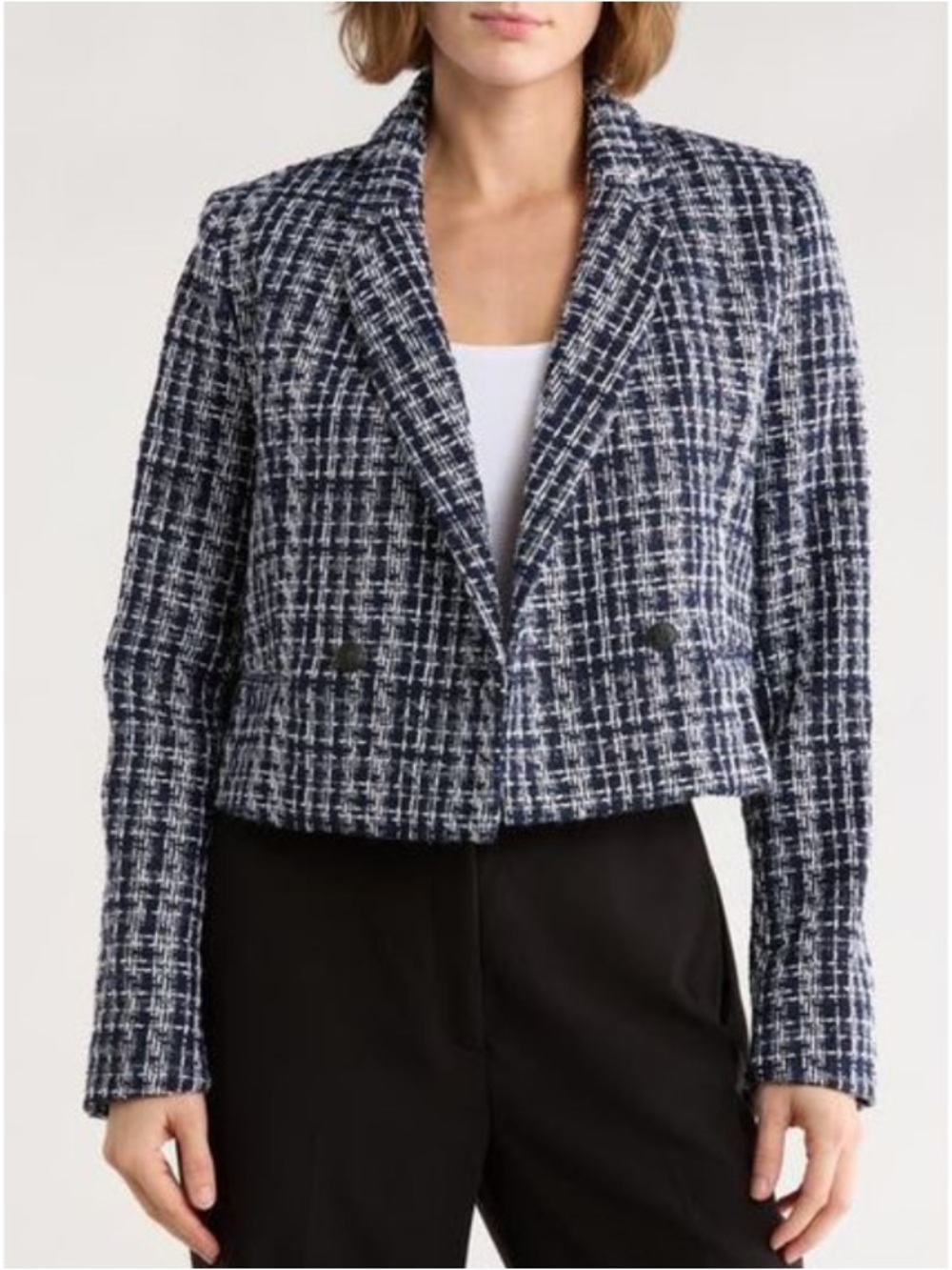 RAG & BONE Elvy Double Breasted Crop Navy and White Tweed Cropped Blazer 8